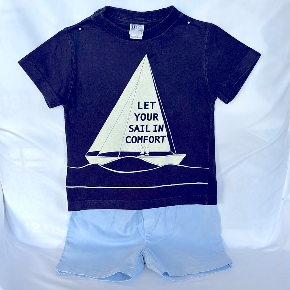 VINTAGE 2002 ITALIAN BRAND Black Sailboat Graphic Tee Light Blue Shorts Set - 2
